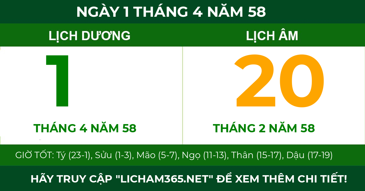 lịch âm ngày 1 tháng 4 năm 58