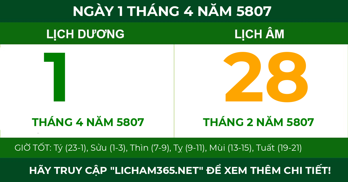 lịch âm ngày 1 tháng 4 năm 5807