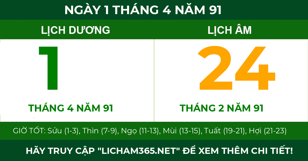 lịch âm ngày 1 tháng 4 năm 91