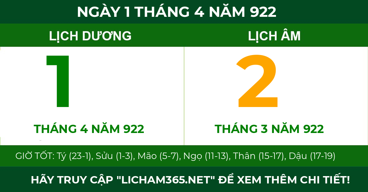 lịch âm ngày 1 tháng 4 năm 922