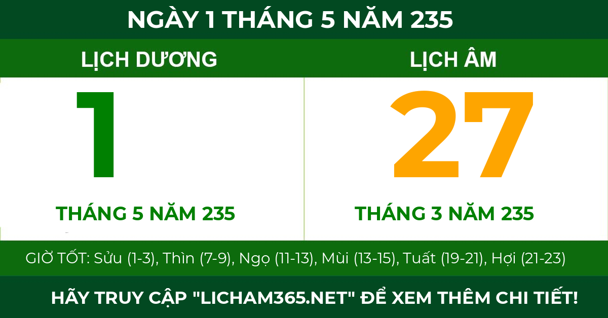 lịch âm ngày 1 tháng 5 năm 235