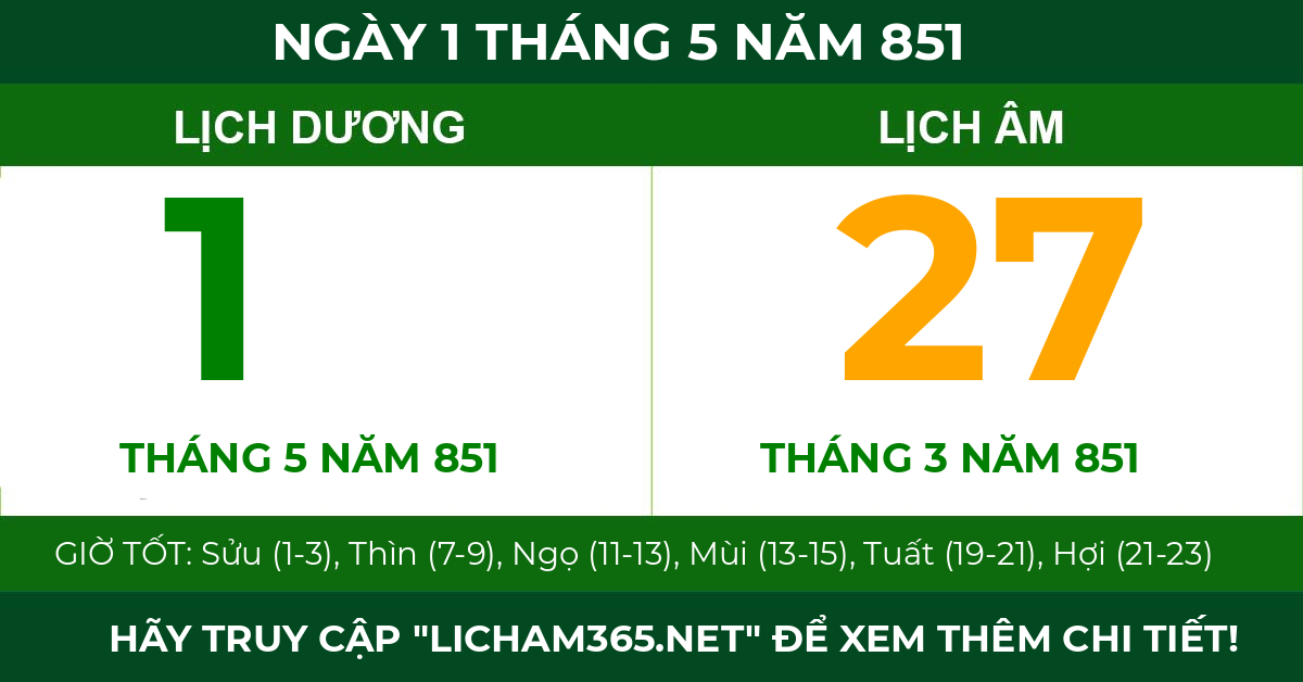 lịch âm ngày 1 tháng 5 năm 851