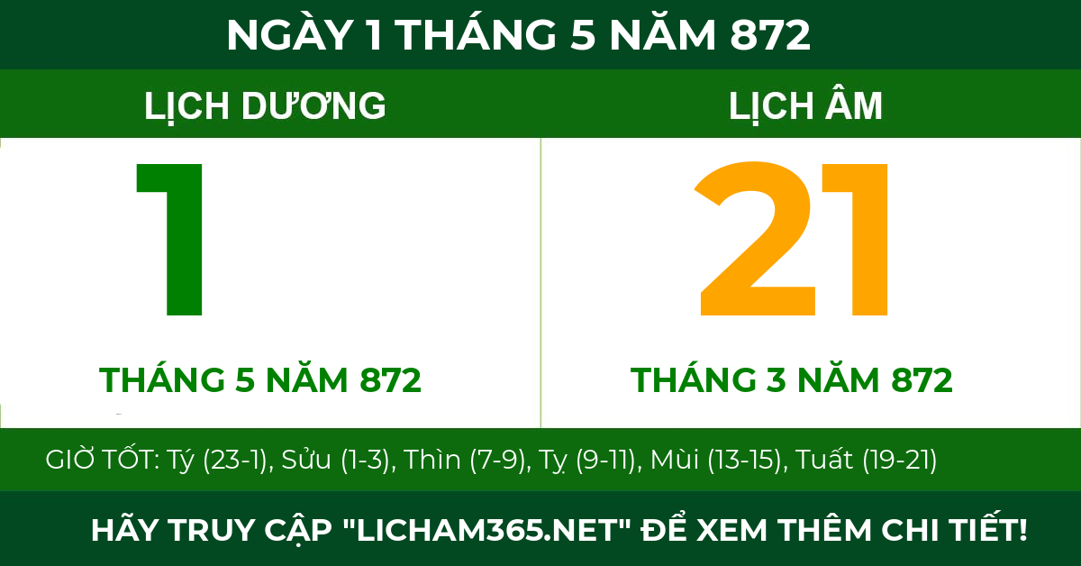 lịch âm ngày 1 tháng 5 năm 872