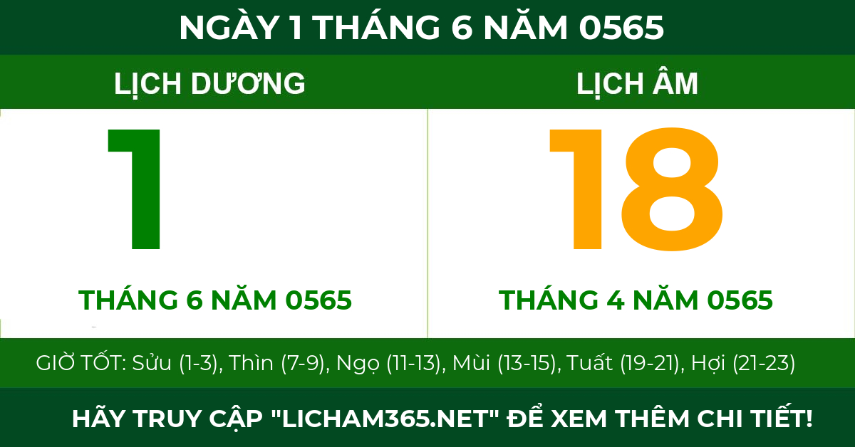 lịch âm ngày 1 tháng 6 năm 0565