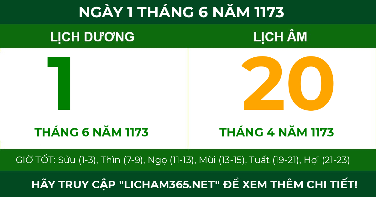 lịch âm ngày 1 tháng 6 năm 1173