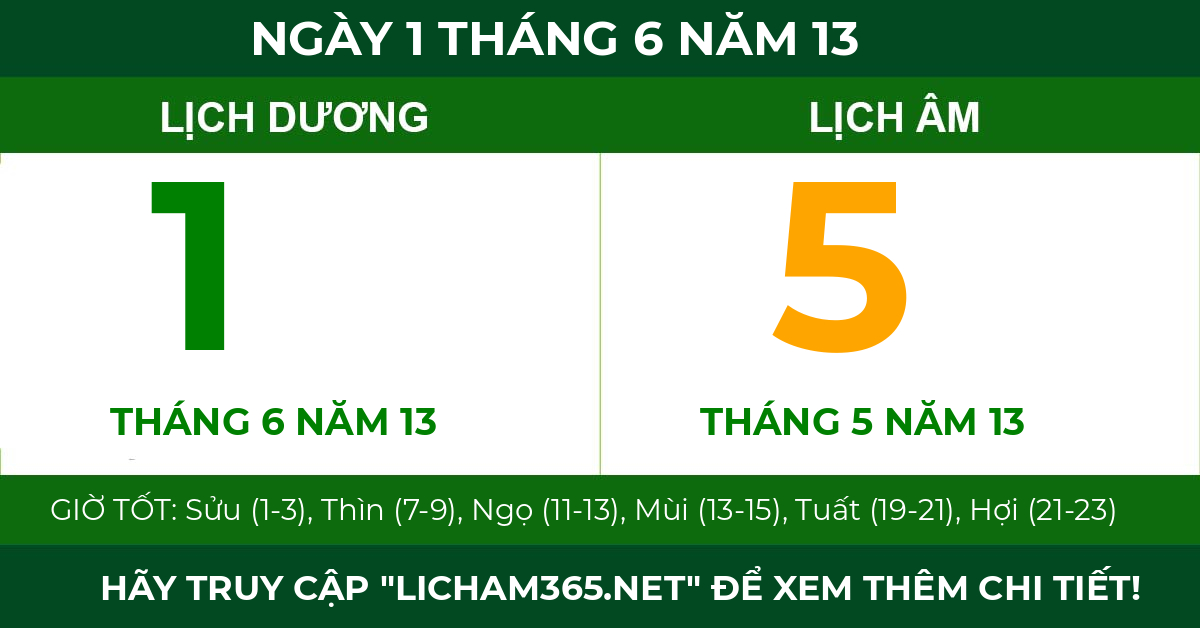 lịch âm ngày 1 tháng 6 năm 13
