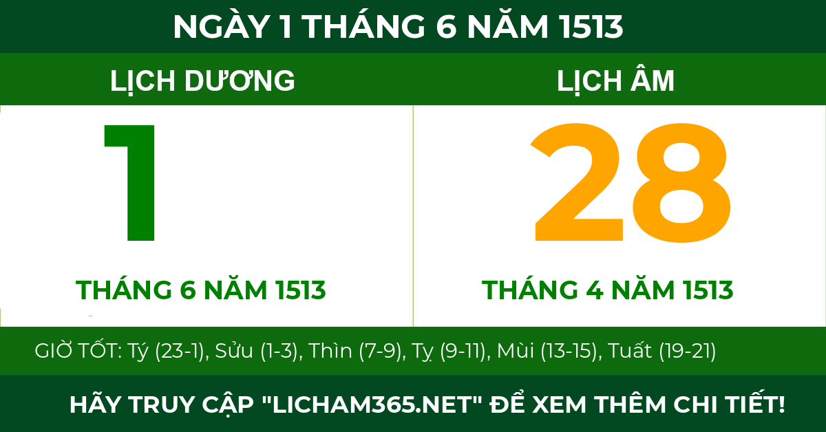 lịch âm ngày 1 tháng 6 năm 1513