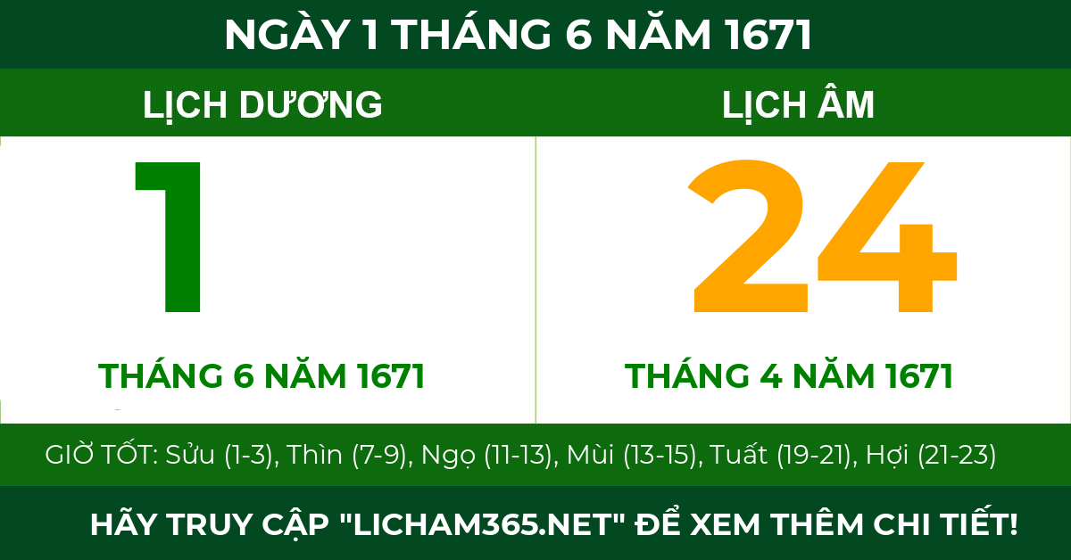 lịch âm ngày 1 tháng 6 năm 1671