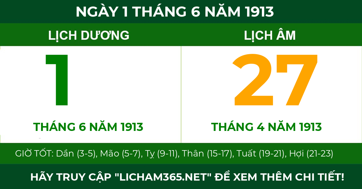 lịch âm ngày 1 tháng 6 năm 1913