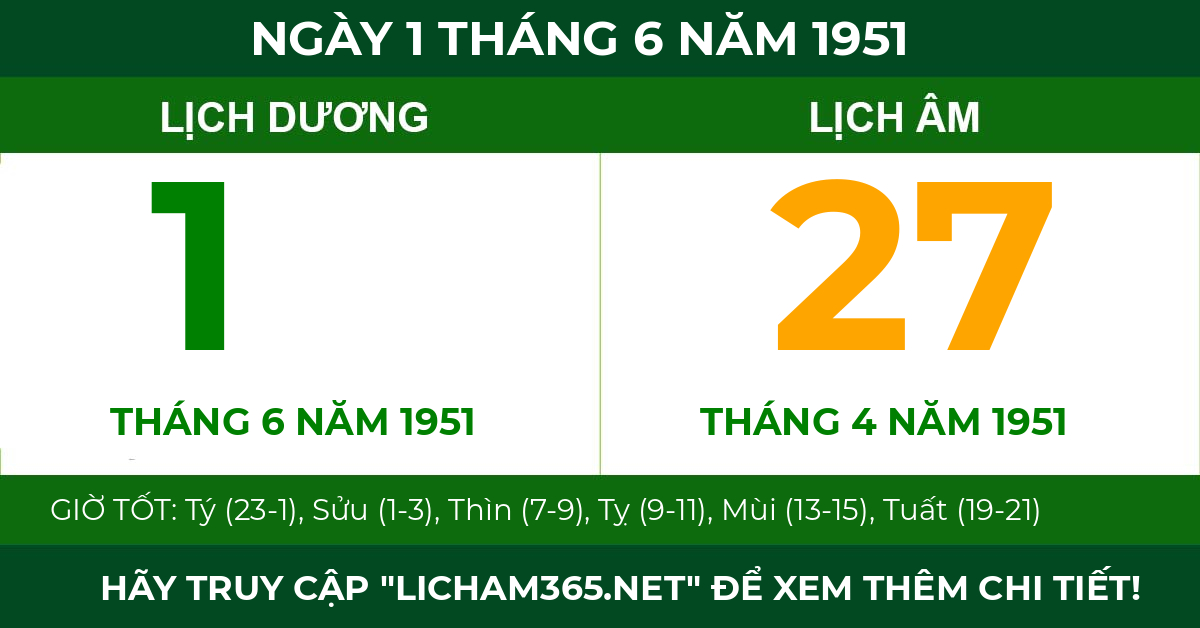 lịch âm ngày 1 tháng 6 năm 1951