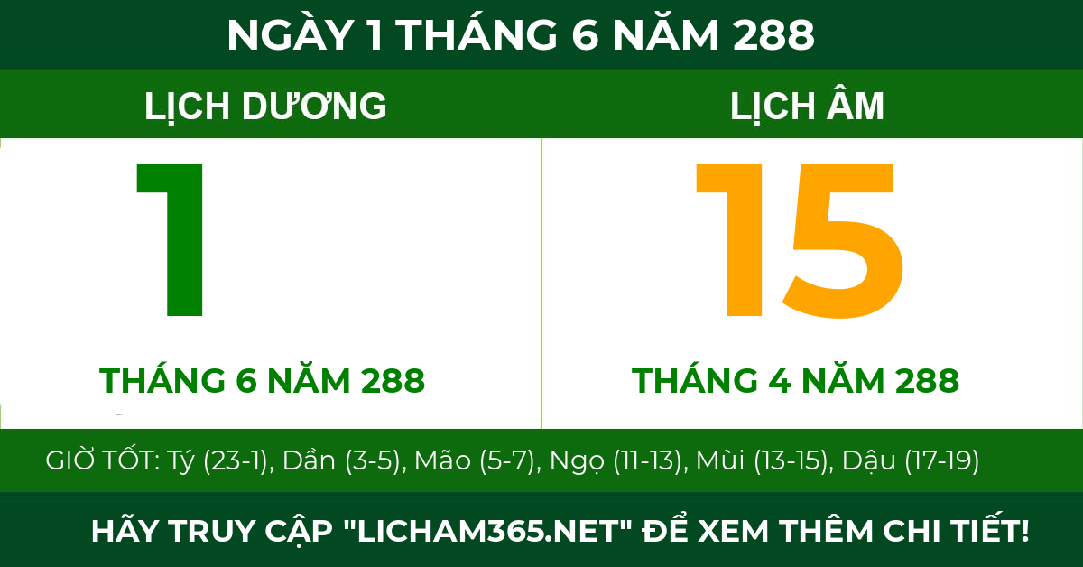 lịch âm ngày 1 tháng 6 năm 288