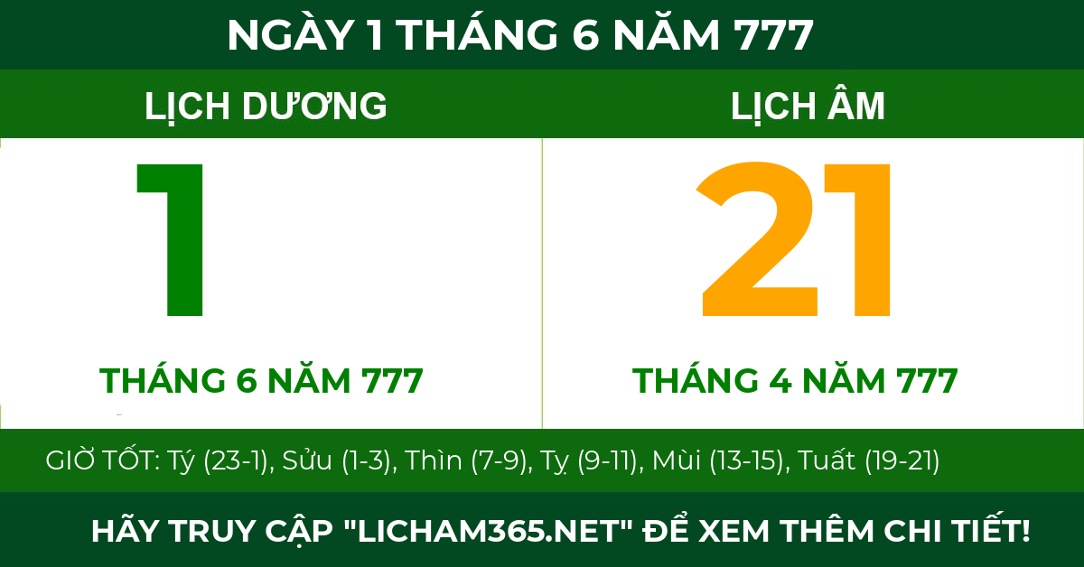 lịch âm ngày 1 tháng 6 năm 777