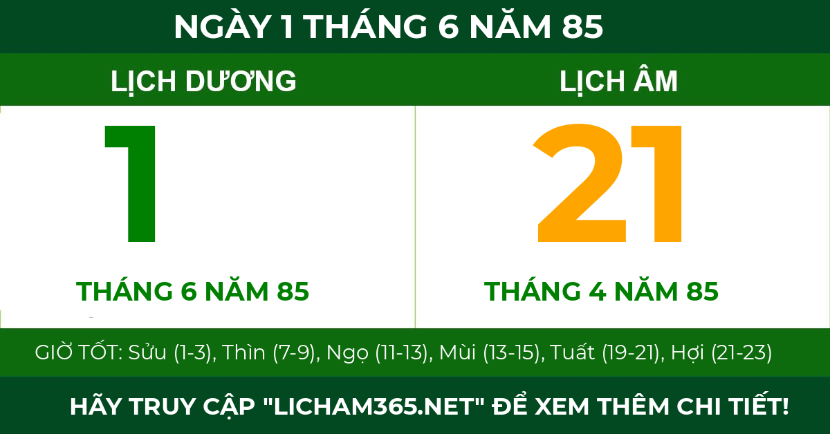 lịch âm ngày 1 tháng 6 năm 85
