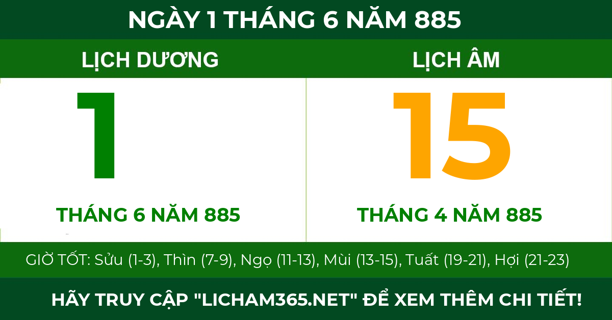 lịch âm ngày 1 tháng 6 năm 885