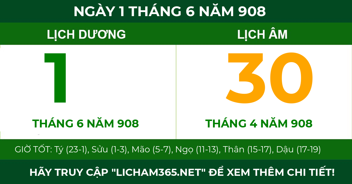 lịch âm ngày 1 tháng 6 năm 908