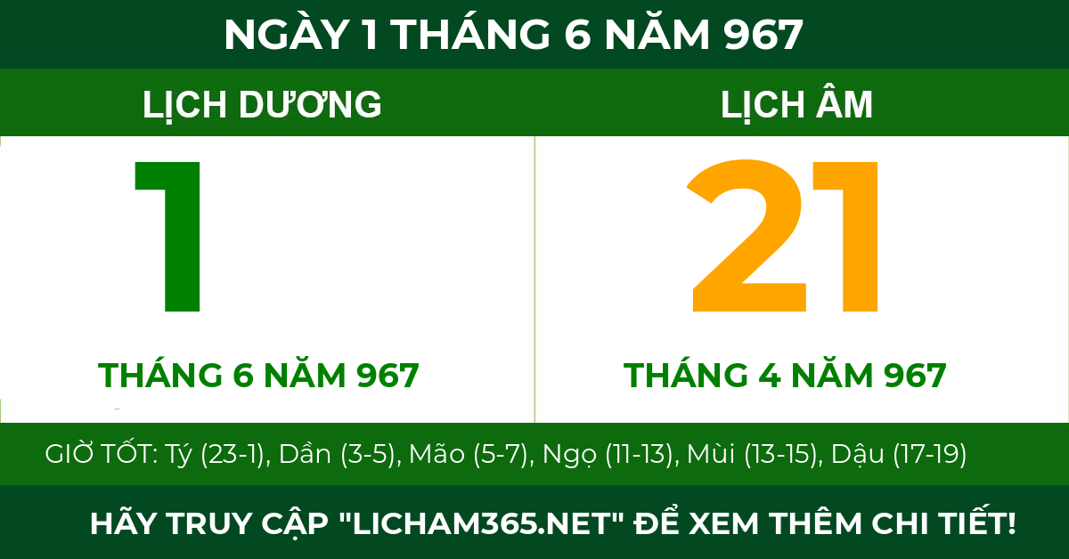 lịch âm ngày 1 tháng 6 năm 967