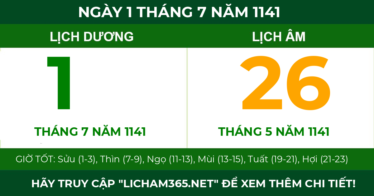 lịch âm ngày 1 tháng 7 năm 1141