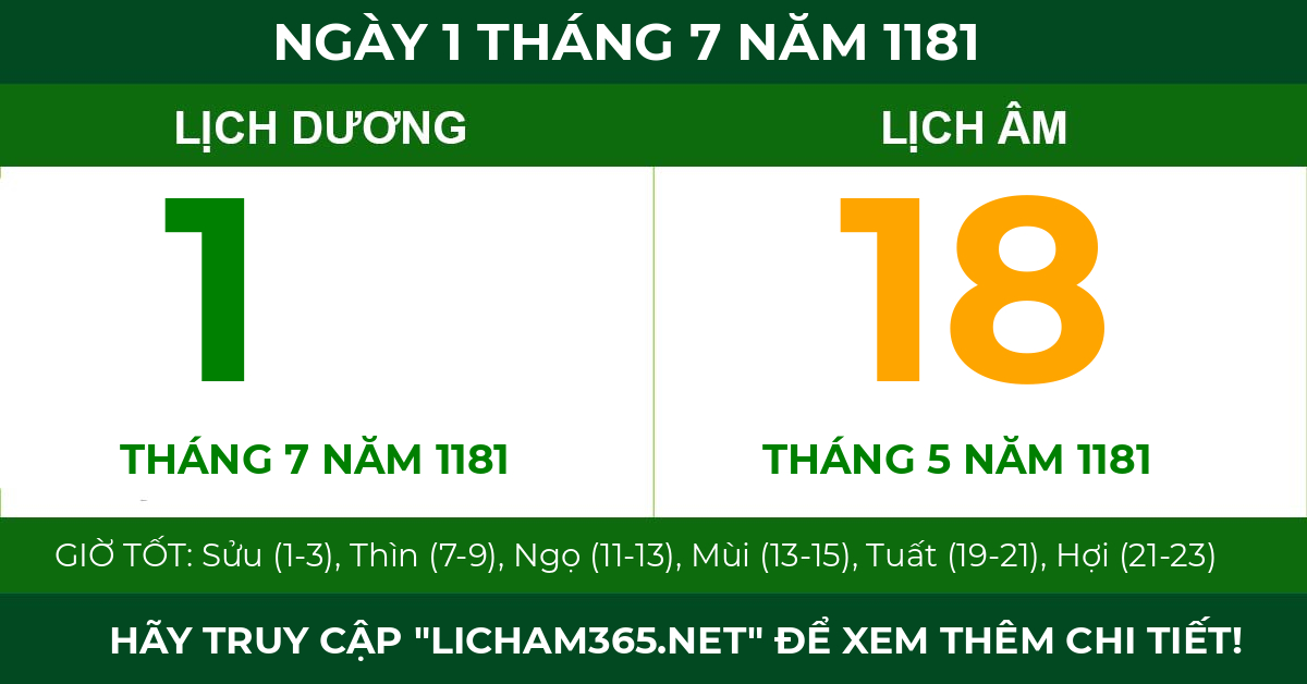 lịch âm ngày 1 tháng 7 năm 1181