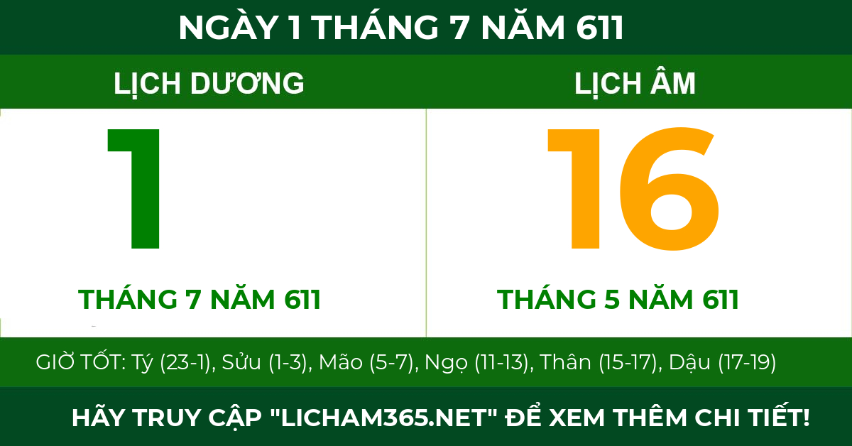 lịch âm ngày 1 tháng 7 năm 611
