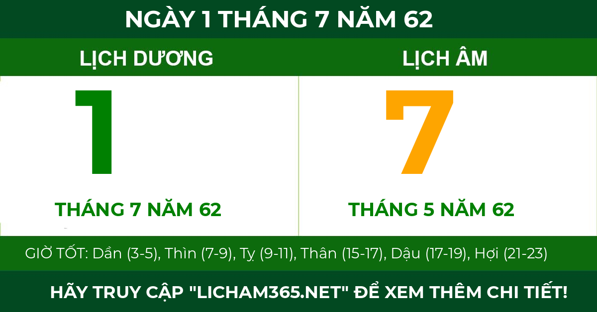 lịch âm ngày 1 tháng 7 năm 62
