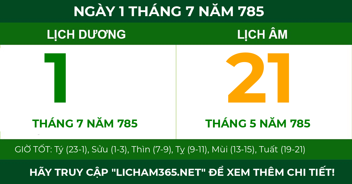lịch âm ngày 1 tháng 7 năm 785