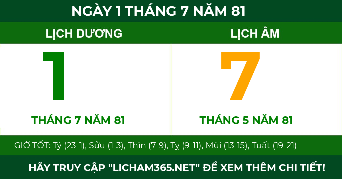 lịch âm ngày 1 tháng 7 năm 81