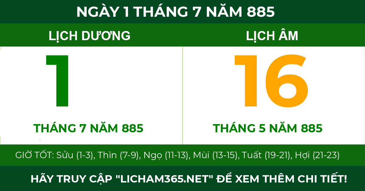 lịch âm ngày 1 tháng 7 năm 885