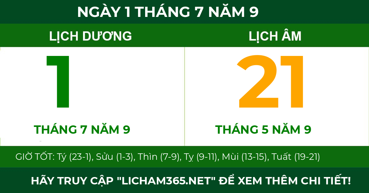 lịch âm ngày 1 tháng 7 năm 9