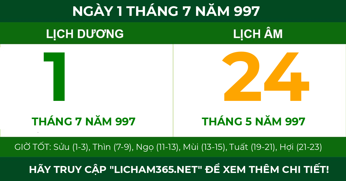 lịch âm ngày 1 tháng 7 năm 997