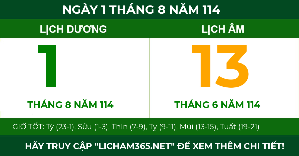 lịch âm ngày 1 tháng 8 năm 114