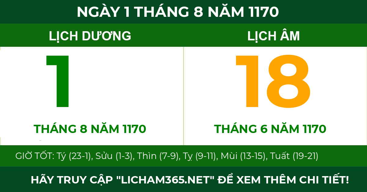 lịch âm ngày 1 tháng 8 năm 1170