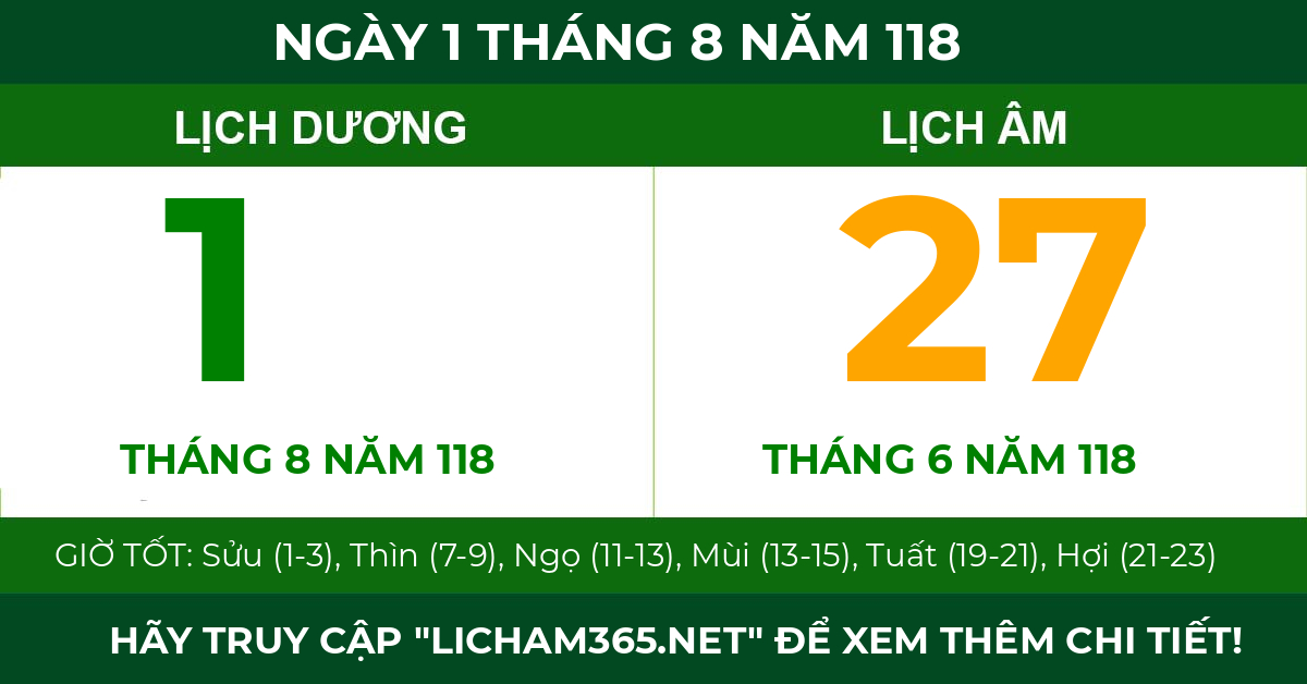 lịch âm ngày 1 tháng 8 năm 118