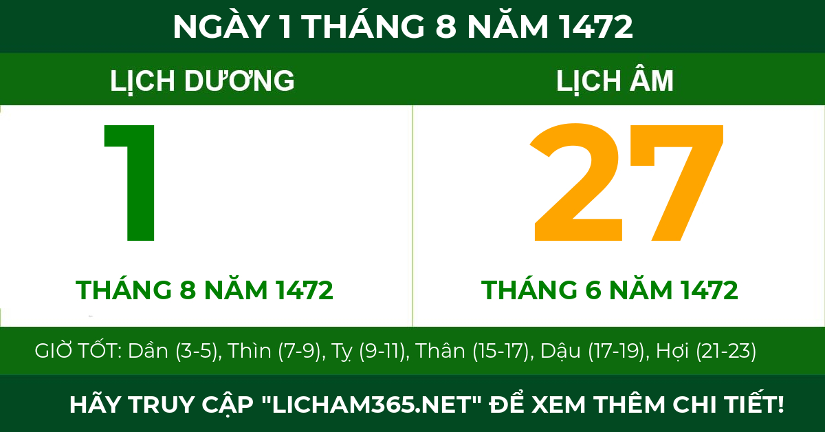 lịch âm ngày 1 tháng 8 năm 1472