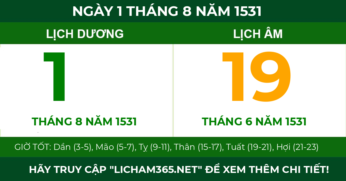 lịch âm ngày 1 tháng 8 năm 1531