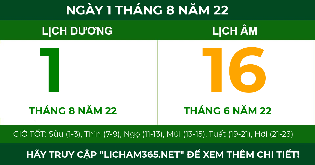 lịch âm ngày 1 tháng 8 năm 22