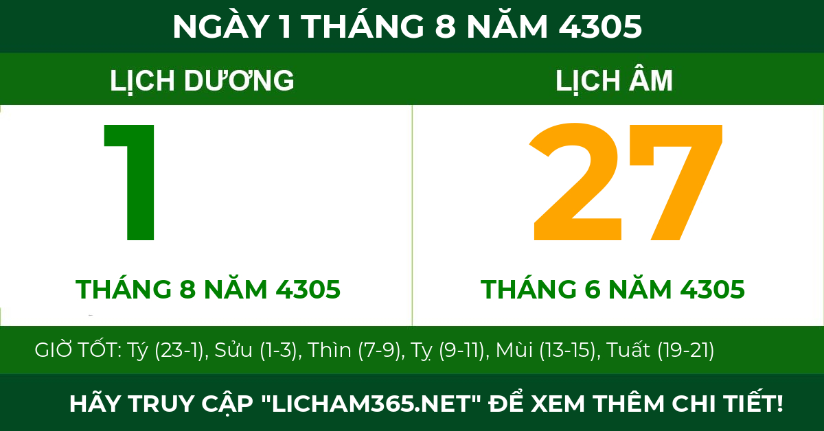 lịch âm ngày 1 tháng 8 năm 4305