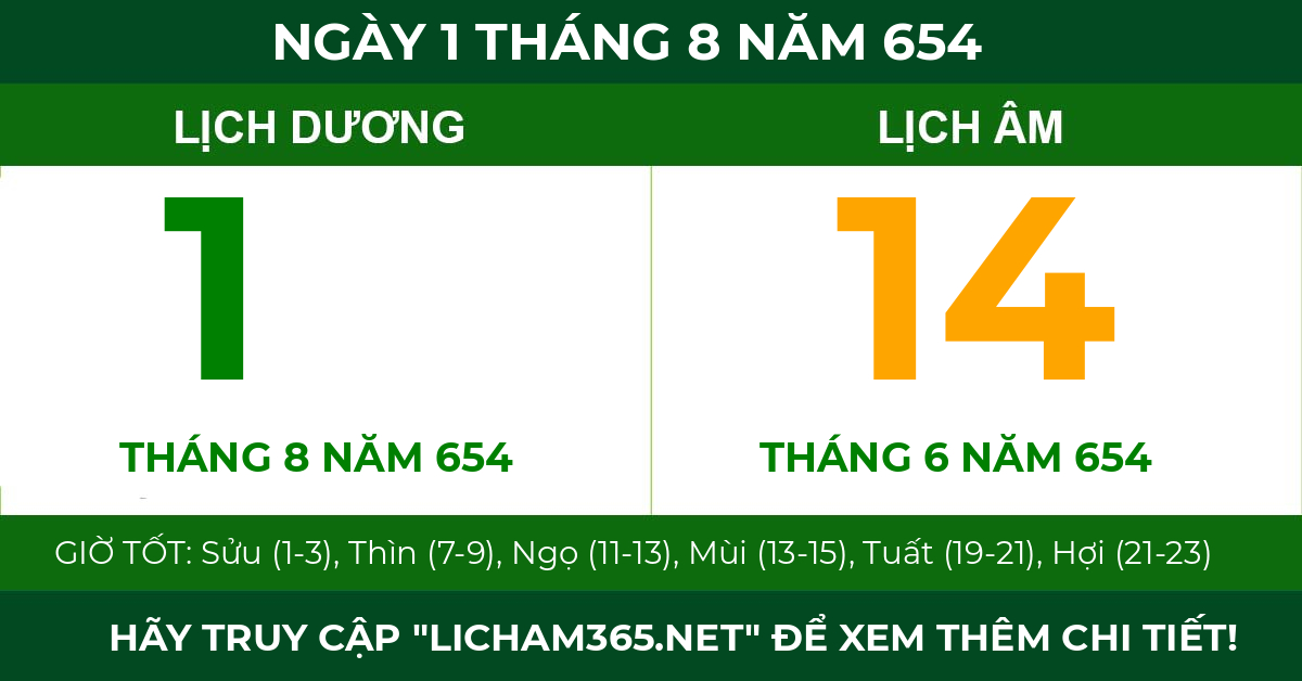 lịch âm ngày 1 tháng 8 năm 654