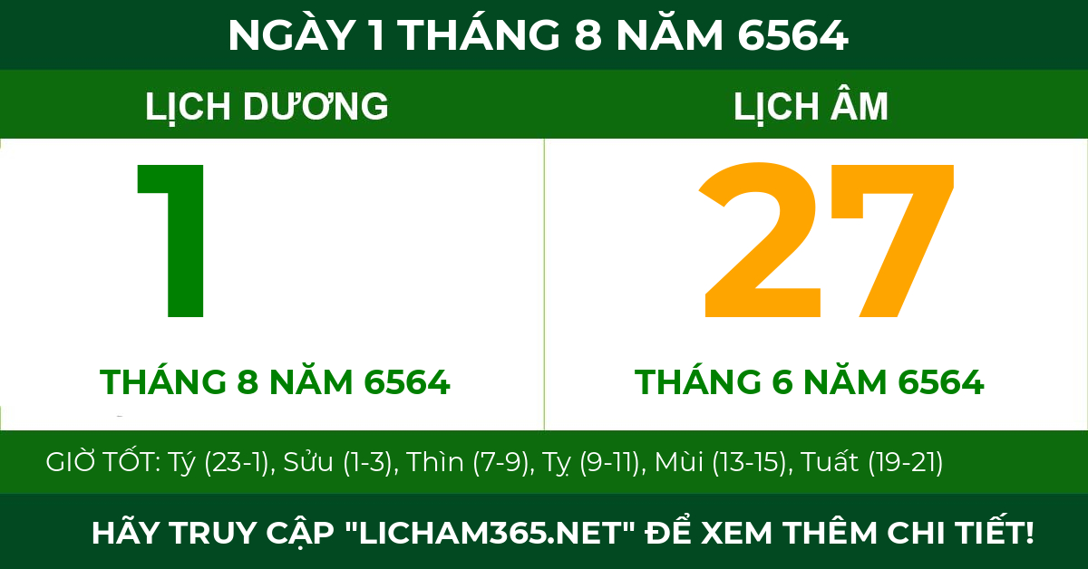 lịch âm ngày 1 tháng 8 năm 6564