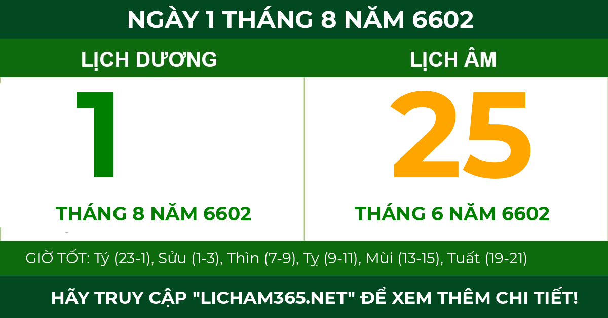 lịch âm ngày 1 tháng 8 năm 6602