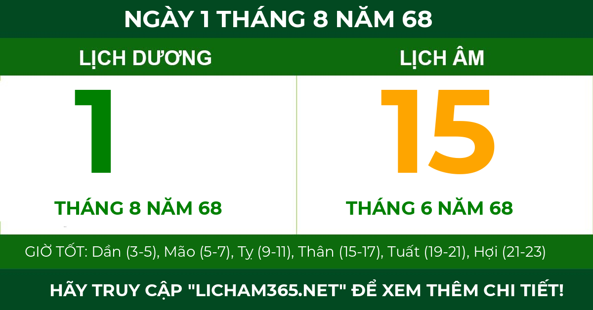 lịch âm ngày 1 tháng 8 năm 68