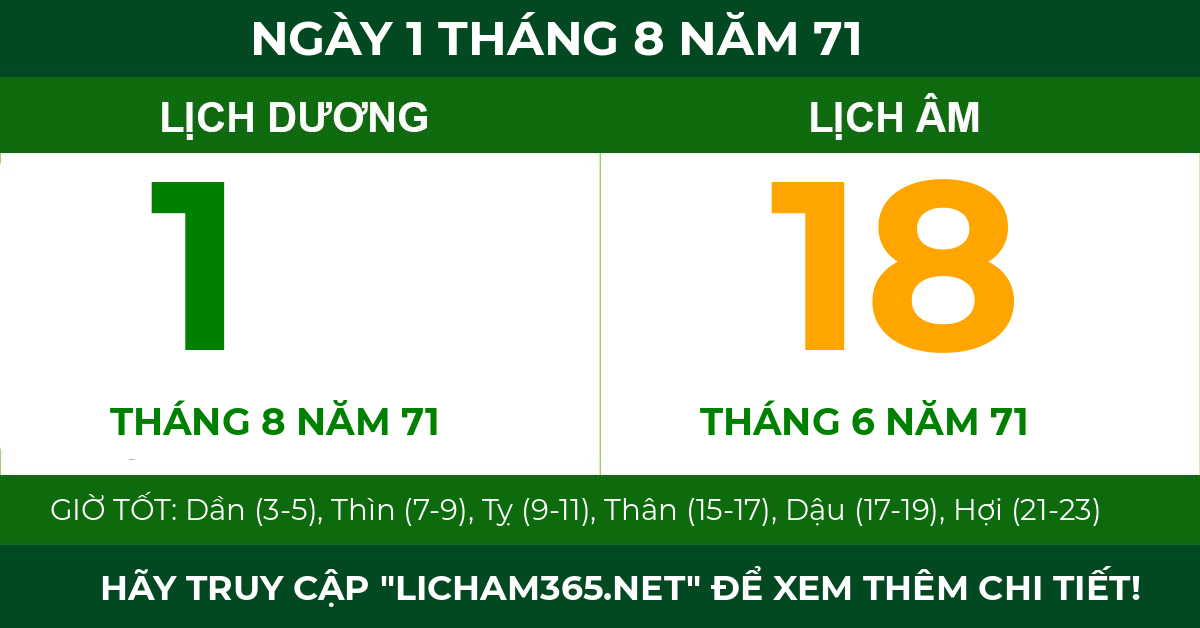 lịch âm ngày 1 tháng 8 năm 71