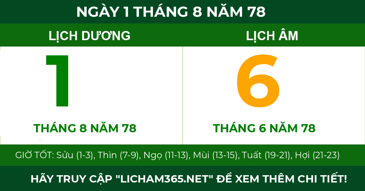 lịch âm ngày 1 tháng 8 năm 78