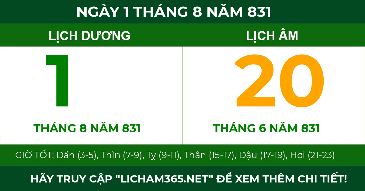 lịch âm ngày 1 tháng 8 năm 831