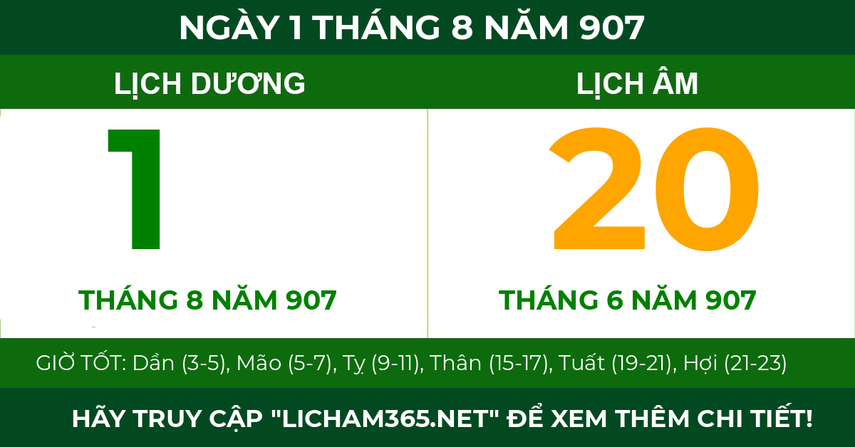 lịch âm ngày 1 tháng 8 năm 907