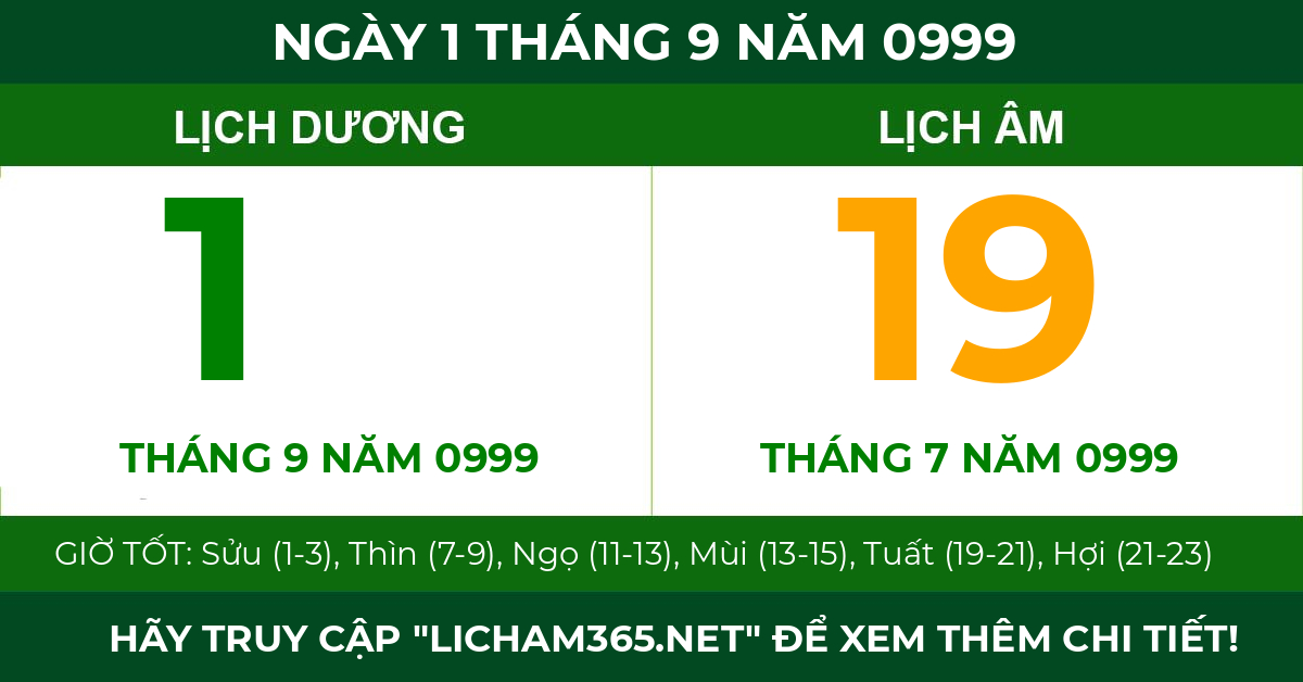 lịch âm ngày 1 tháng 9 năm 0999