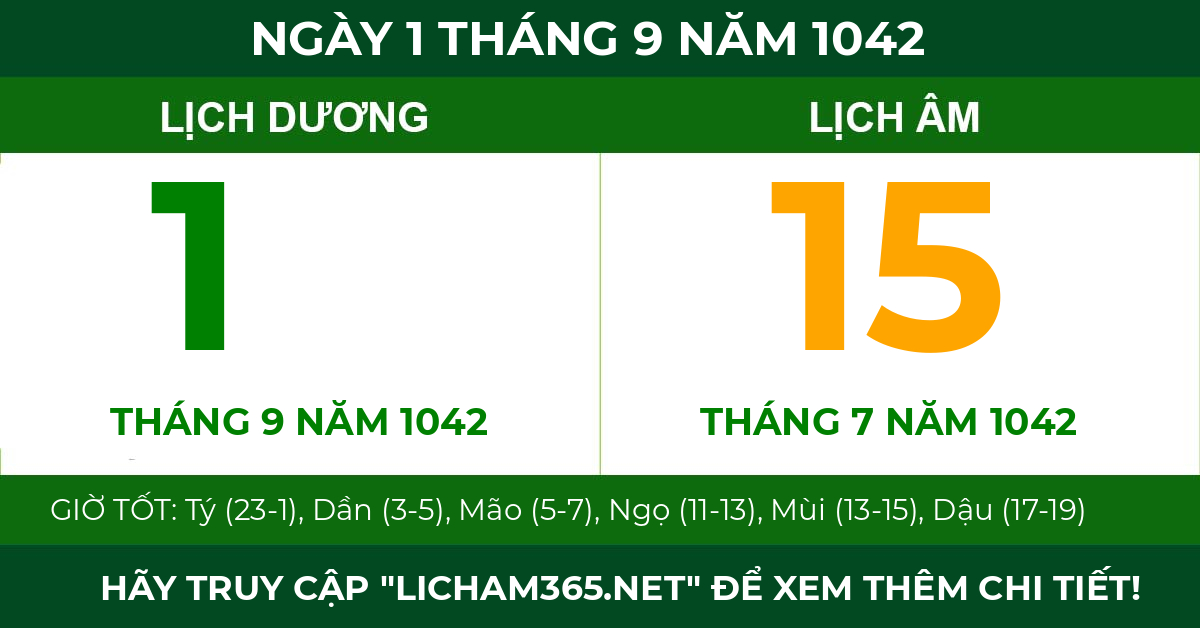lịch âm ngày 1 tháng 9 năm 1042