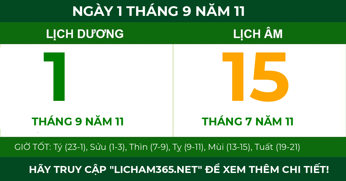lịch âm ngày 1 tháng 9 năm 11