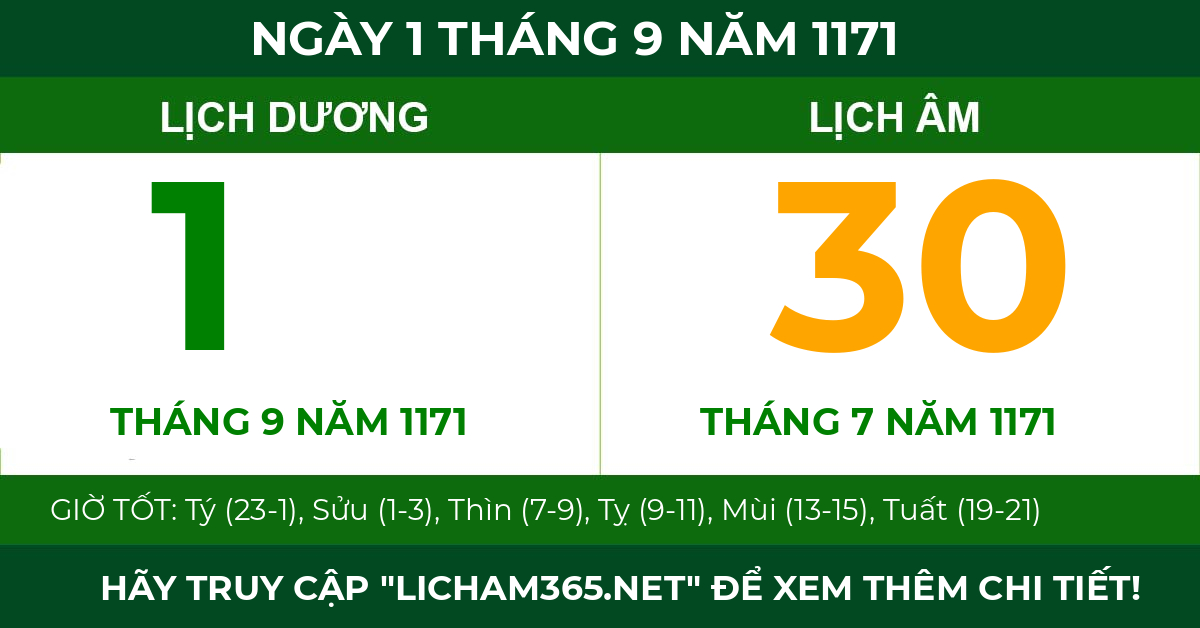 lịch âm ngày 1 tháng 9 năm 1171