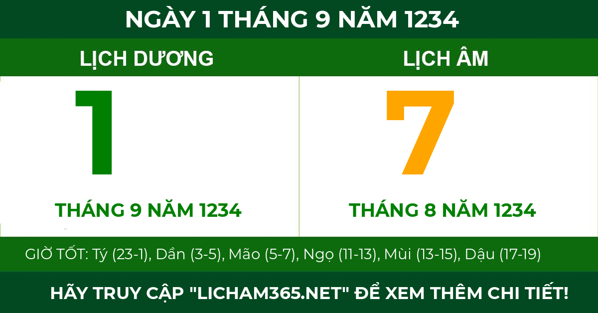 lịch âm ngày 1 tháng 9 năm 1234