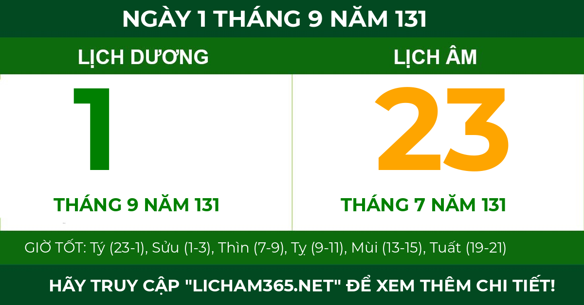 lịch âm ngày 1 tháng 9 năm 131